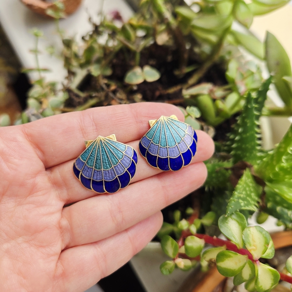 Pair of Cloisonne Shell Mermaid Blue Green Purple Stud Earrings